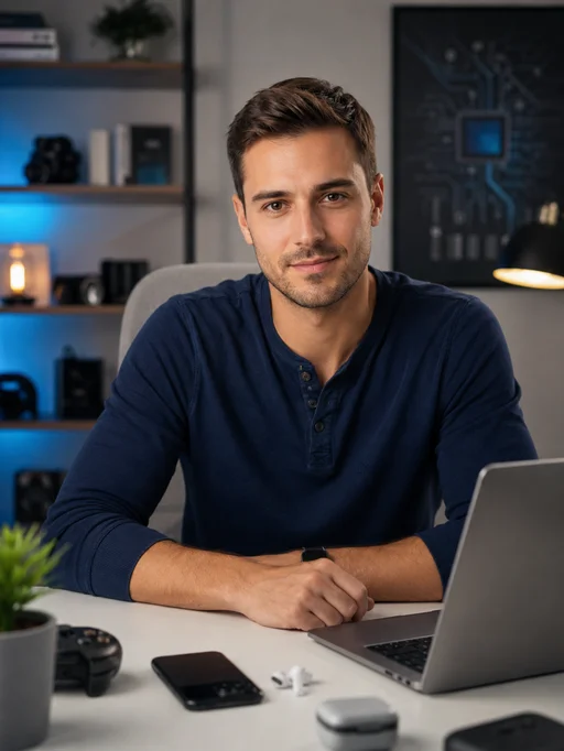 Tech reviewer at desk setup